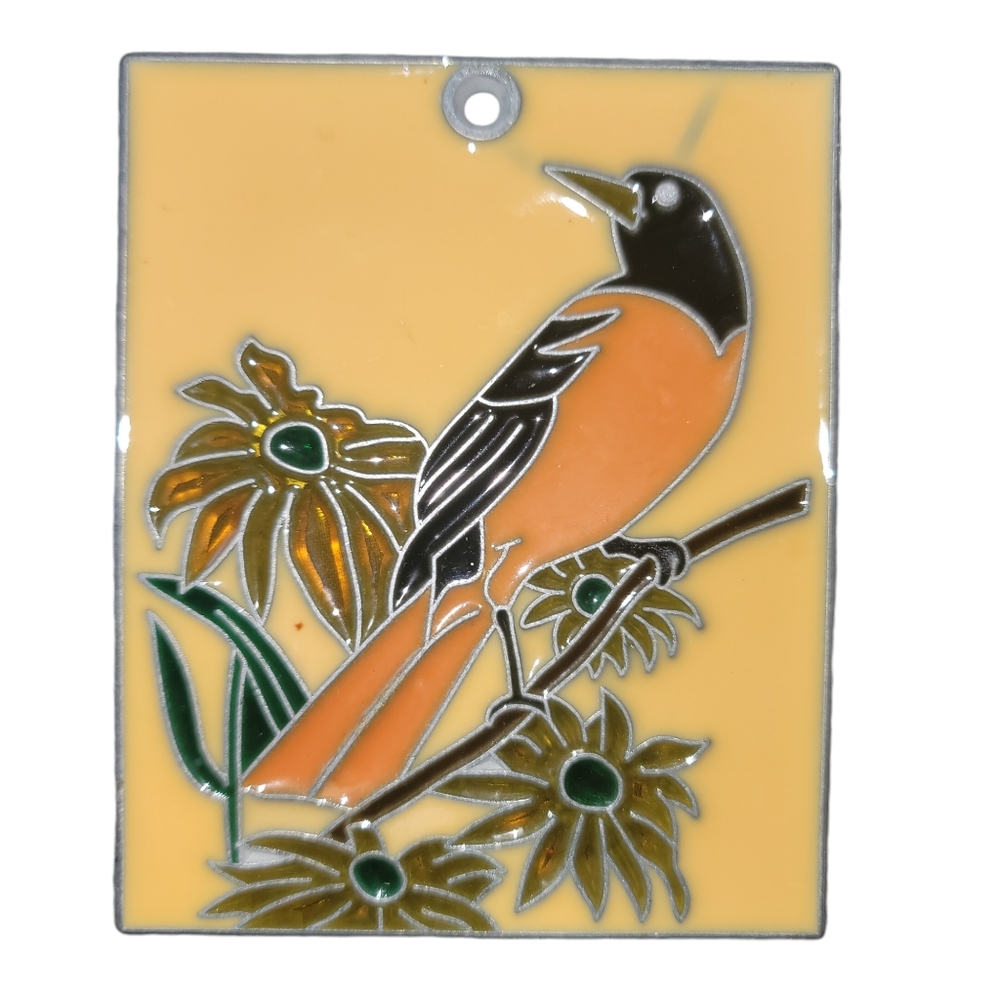 Vntg Handmade Stained Glass Oriole Bird Perched On Flowers Suncatcher Ornament